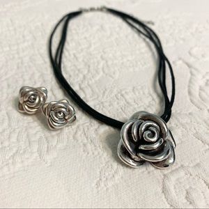 Sterling Silver Flower Rose Necklace Earrings